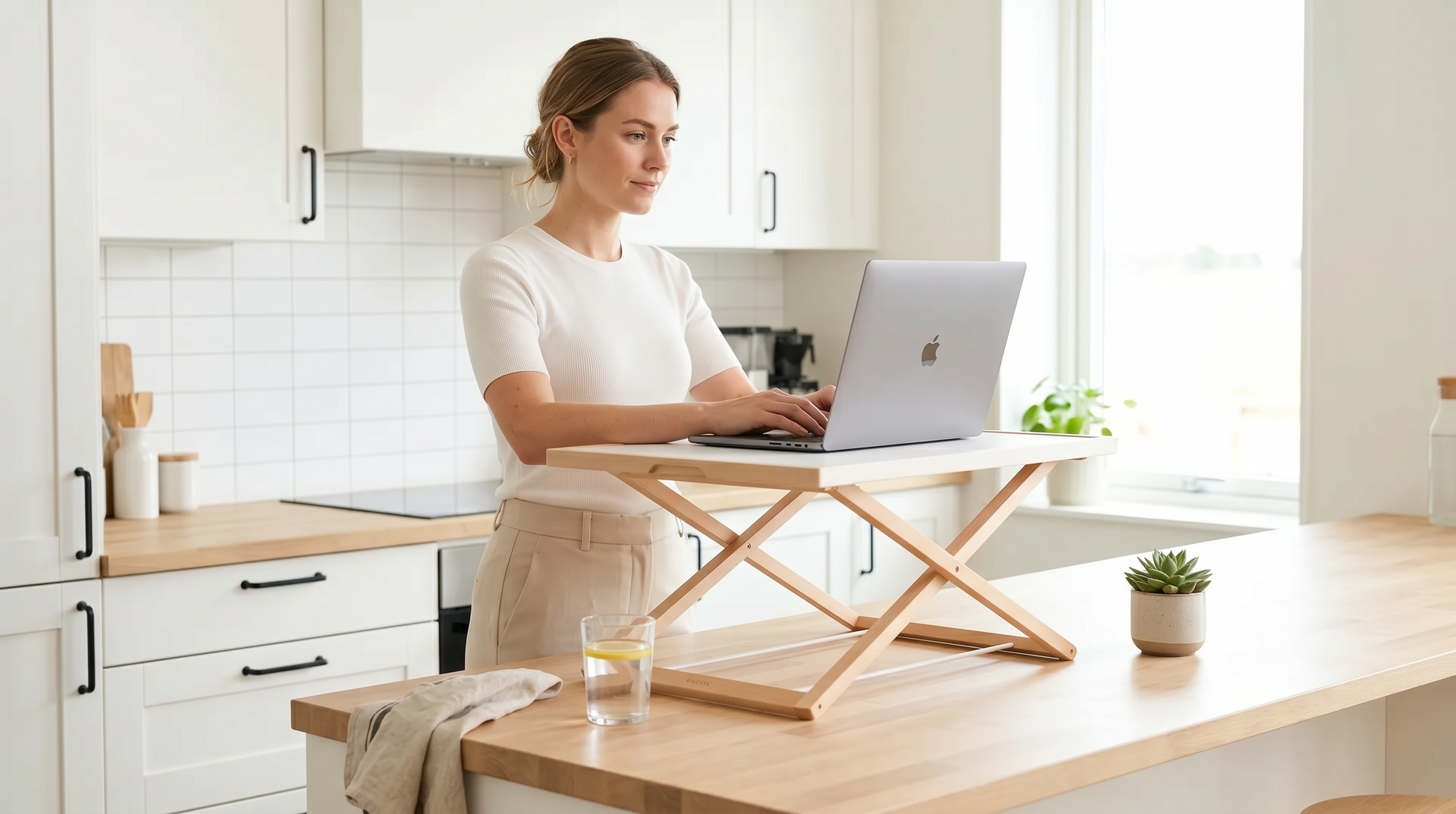 Kvinna arbetar stående vid en Freedesk Desk Riser på ett köksbord.