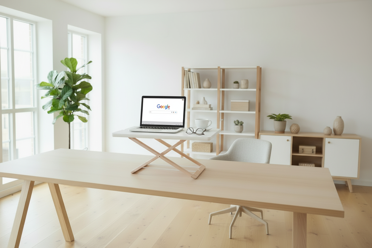 Desk riser at correct ergonomic height for sitting and standing work