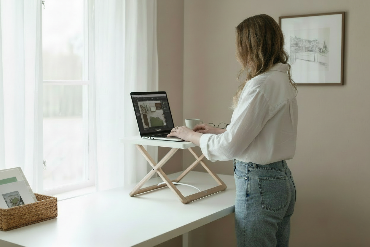 Person working at standing desk in Scandinavian home office to reduce sedentary time.