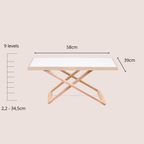 Desk riser dimensions and adjustable levels showing height range and ergonomic positions, dimensions, 39 x 58 cm and features 9 height levels ranging from 2.2 to 34.5 cm