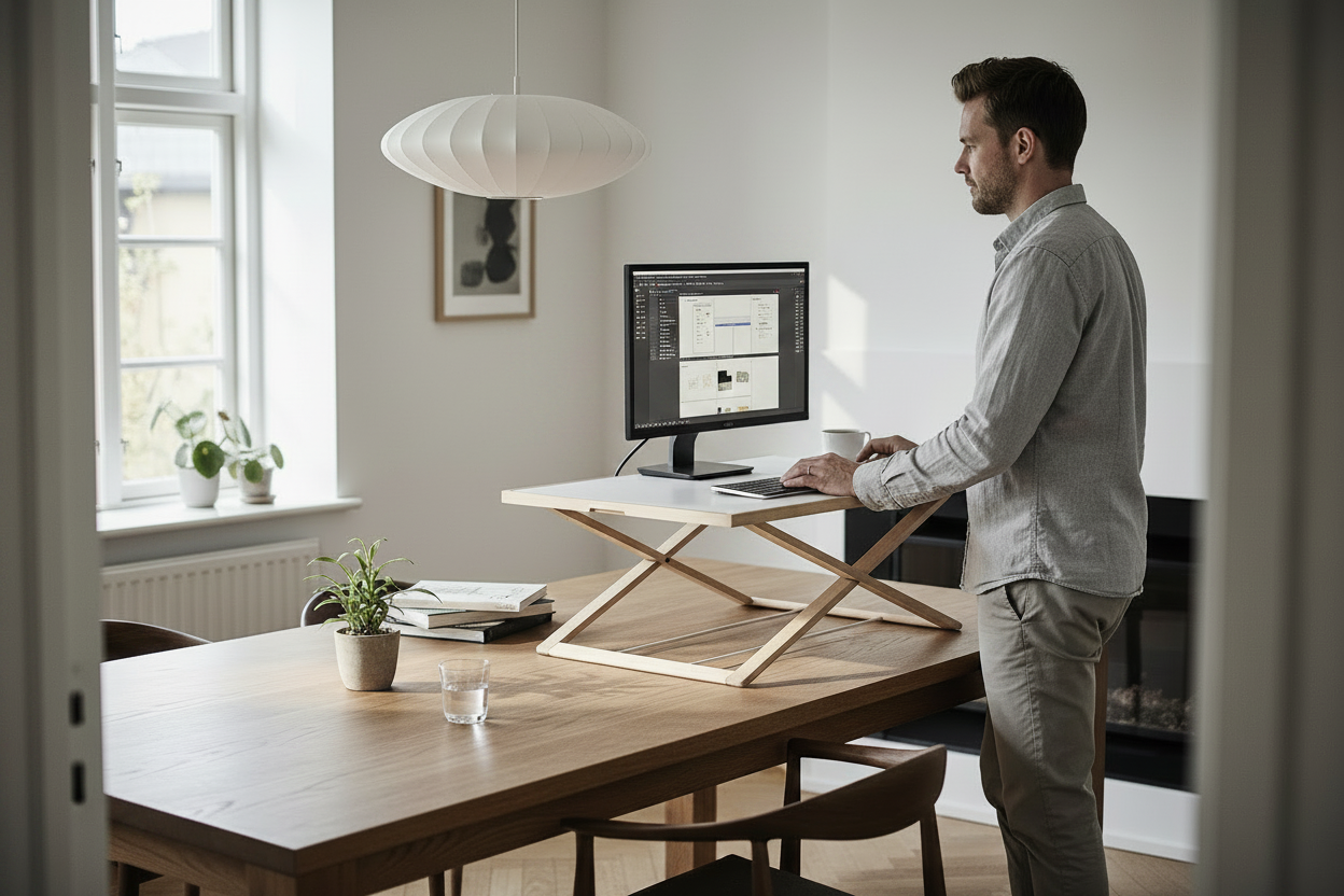A man working at a Freedesk Desk Riser in a bright living room.