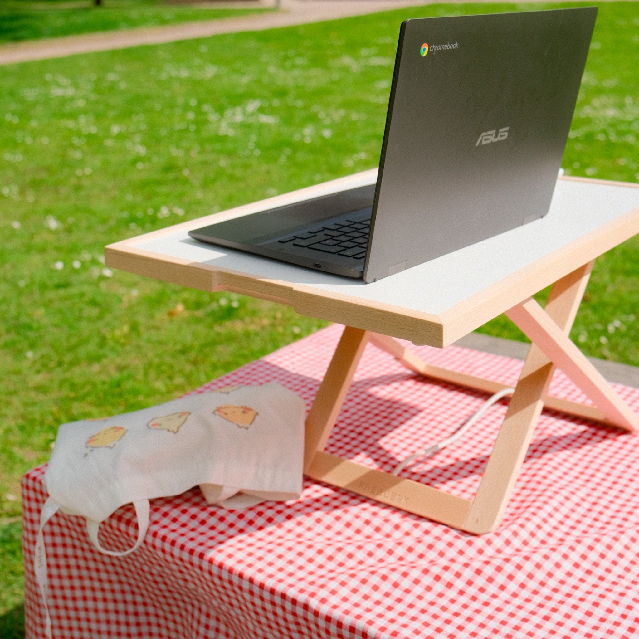 Freedesk Desk Riser Light Compact on table in a park.