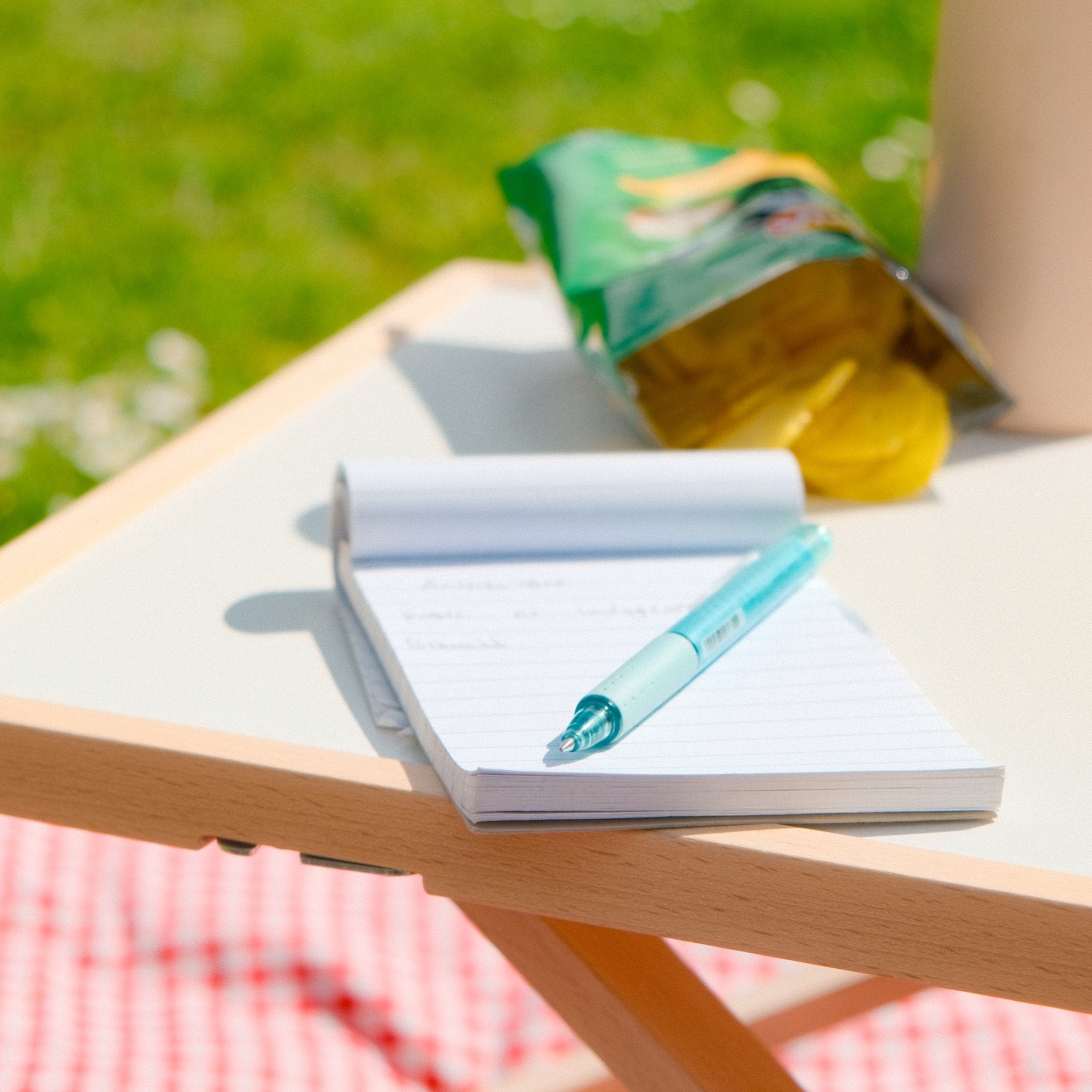Freedesk Desk Riser Light Compact on table in a park.