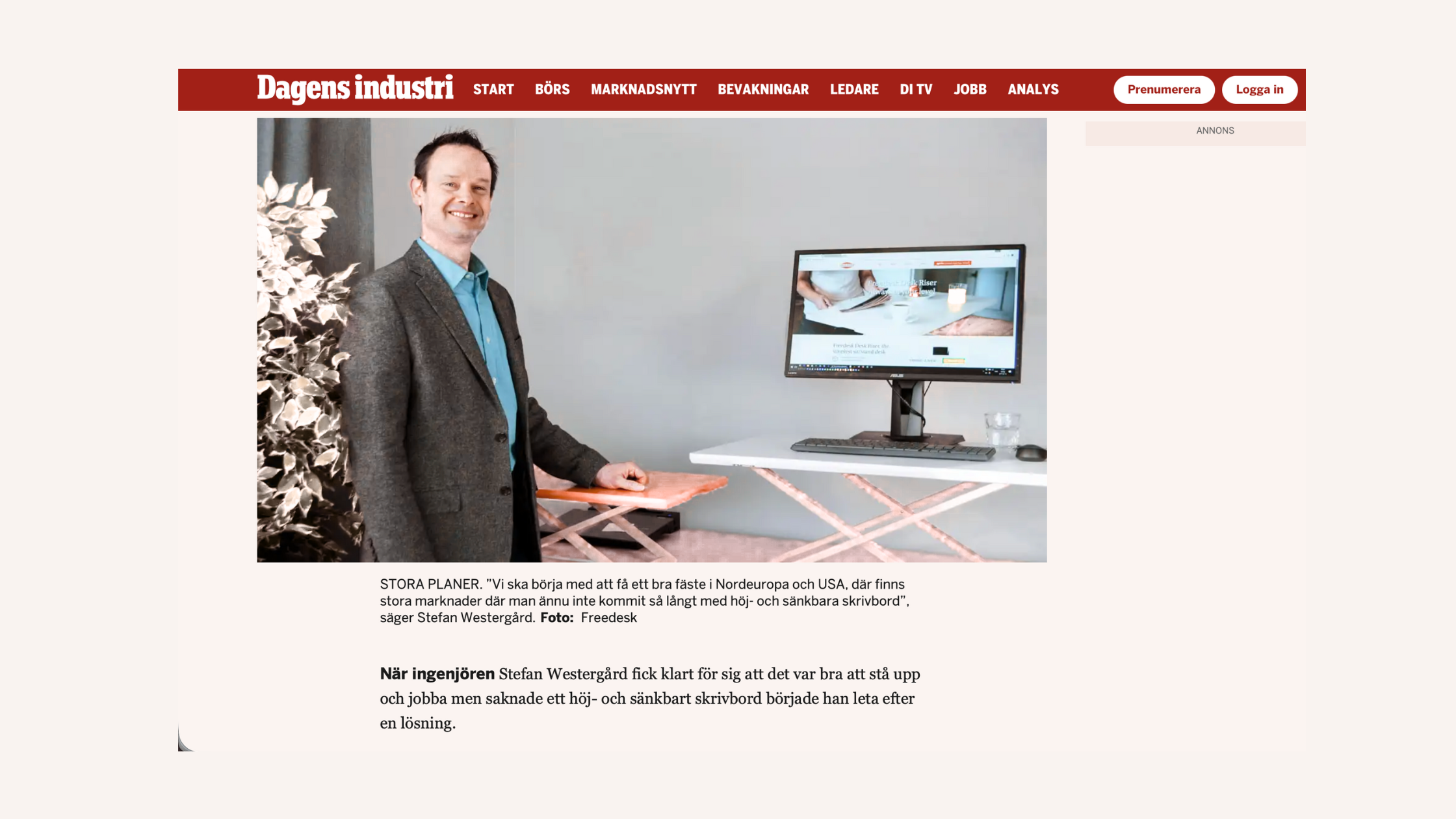 News article covering Freedesk from the Swedish newspaper dagens Industri.