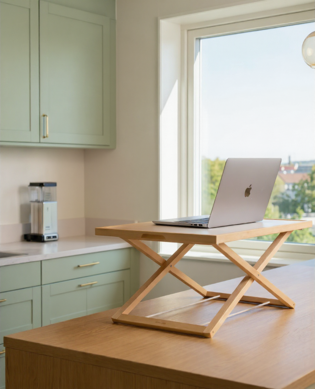 Ergonomic desk riser used at home to create a flexible and comfortable workspace setup