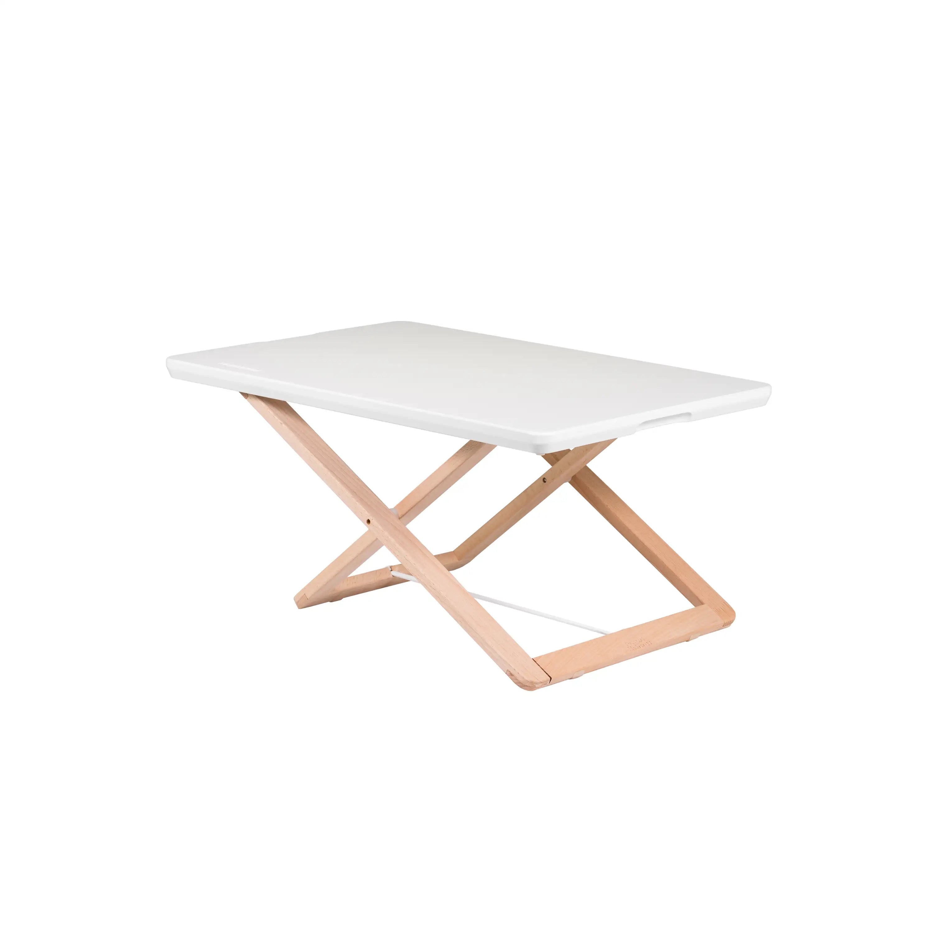 Freedesk Desk Riser Light Large in white, featuring a lightweight adjustable wooden frame for an ergonomic sit-stand workspace.